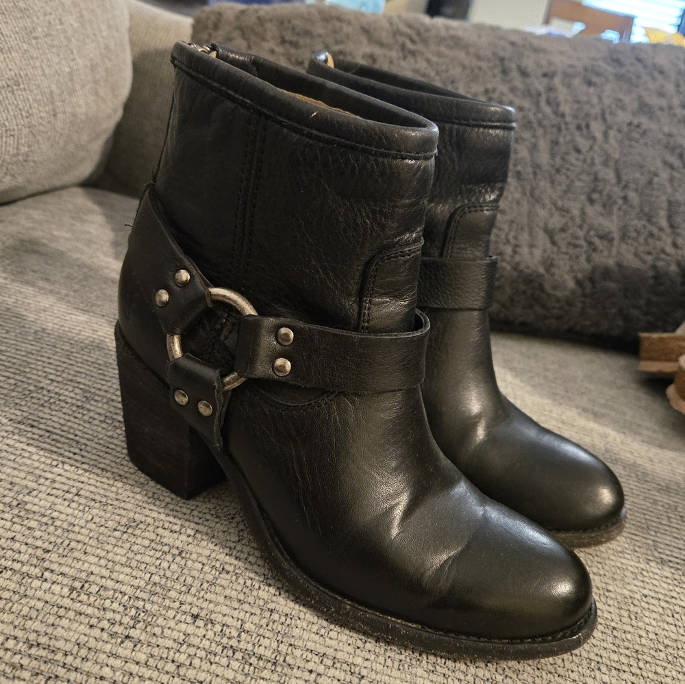 FRYE Black Leather Ankle Boots with Buckle